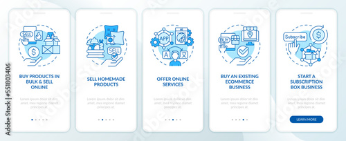 Successful home business ideas blue onboarding mobile app screen. Walkthrough 5 steps editable graphic instructions with linear concepts. UI, UX, GUI template. Myriad Pro-Bold, Regular fonts used