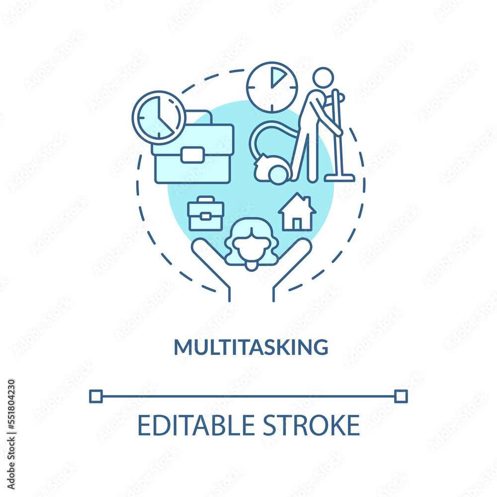 Multitasking turquoise concept icon. Distance work. Home based business advantage abstract idea thin line illustration. Isolated outline drawing. Editable stroke. Arial, Myriad Pro-Bold fonts used