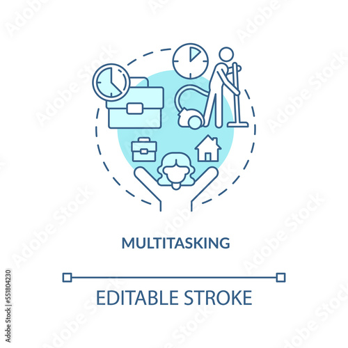 Multitasking turquoise concept icon. Distance work. Home based business advantage abstract idea thin line illustration. Isolated outline drawing. Editable stroke. Arial, Myriad Pro-Bold fonts used