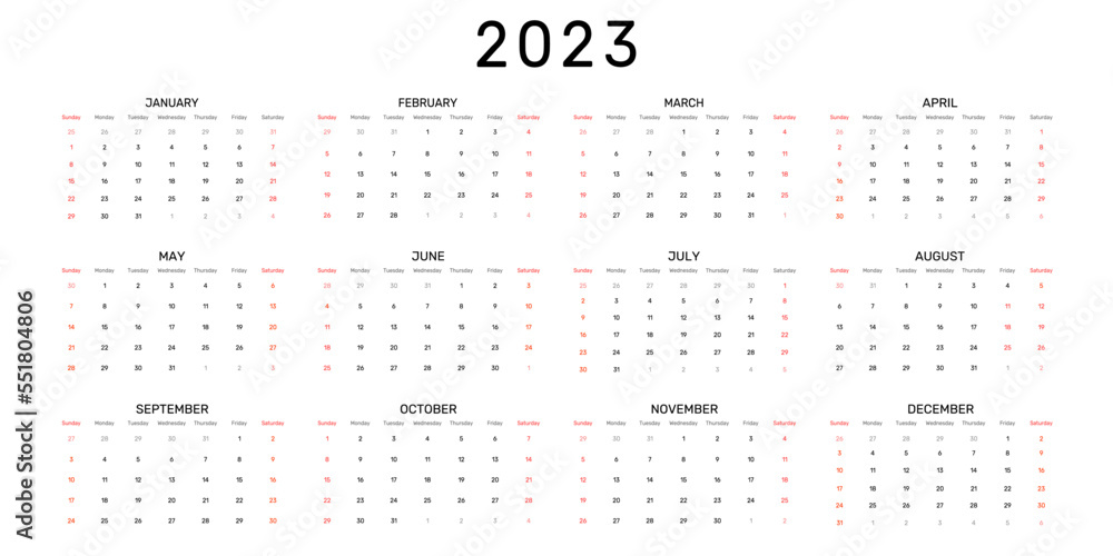 Calendar 2023 year. The week starts on Sunday. Annual calendar 2023 template. Calendar design in black and white colors, Sunday and Saturday in red colors. Vector illustration Calendar 2023 year. The week starts on Sunday. Annual calendar 2023 template. Calendar design in black and white colors, Sunday and Saturday in red colors. Vector illustration