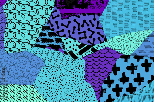 Abstract black strokes, Hand sketched Vector Pattern. Retro abstract pattern in geometric style. Abstract multicolored geometric pattern.	
