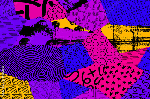 Abstract black strokes, Hand sketched Vector Pattern. Retro abstract pattern in geometric style. Abstract multicolored geometric pattern.	
