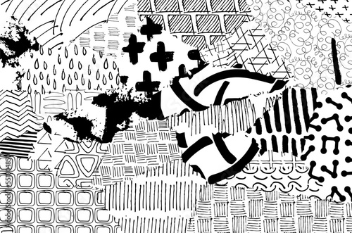 Abstract black strokes, Hand sketched Vector Pattern. Retro abstract pattern in geometric style. Abstract multicolored geometric pattern.	
