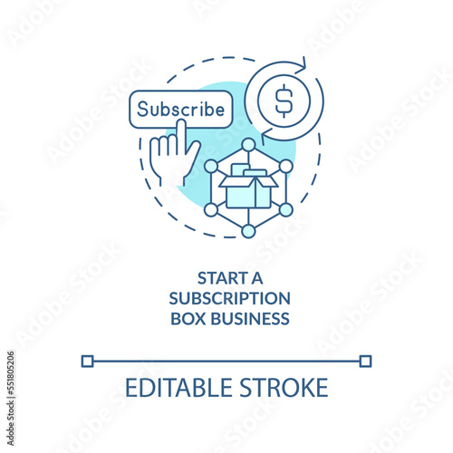 Start subscription box business turquoise concept icon. Sell online. Home based company thin line illustration. Isolated outline drawing. Editable stroke. Arial, Myriad Pro-Bold fonts used