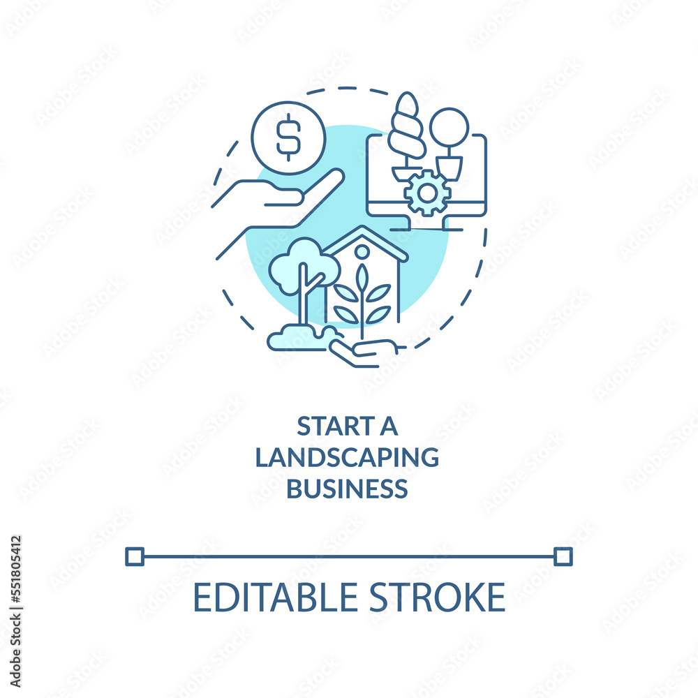 Start landscaping business turquoise concept icon. Home based work for ladies abstract idea thin line illustration. Isolated outline drawing. Editable stroke. Arial, Myriad Pro-Bold fonts used