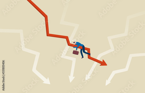 Business loss or fail. stock market crash. business bankruptcy. Businessman investor decline red arrow graph.