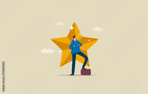 Golden star business success award. Businessman standing next the star. illustration