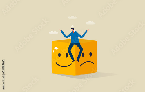 Mental health and emotional state. Smile face  and sad face. .Businessman balancing a smile and a sad face. Illustration