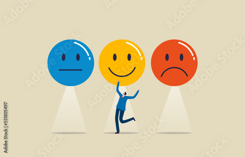 Emotional face choice. Emotional Intelligence or Psychology positive and negative. Young man or businessman chooses a smiley face. Illustration