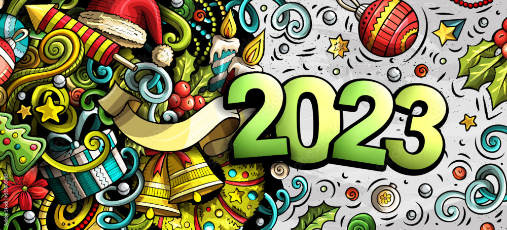 Obraz premium 2023 doodles horizontal illustration. New Year objects and elements banner