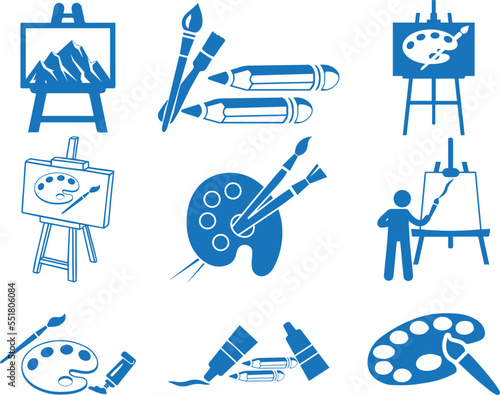 Art icon set, set of art materials icon blue vector