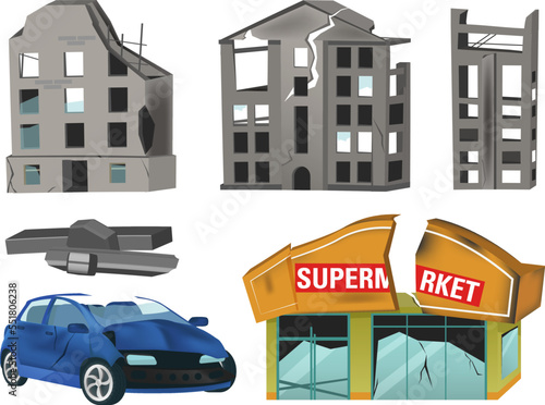 A set of destroyed houses along with a destroyed car and wreckage. Destroyed charred residential buildings, a destroyed cultural center and a supermarket. 