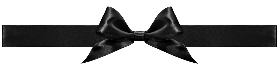Black bright ribbon bow tape isolated on transparent background, top view, copy space for gift greeting card, Merry Christmas and Black friday  banner or promotion shopping advertising