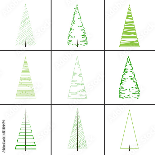 Set of various bizarre evergreen coniferous trees