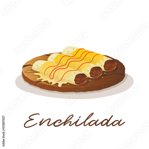 Mexican dish enchilada tortilla rolls with minced meat and cheese sauce on a wooden tray. Fast food restaurant and street food snacks, meat tortillas, takeaway food delivery