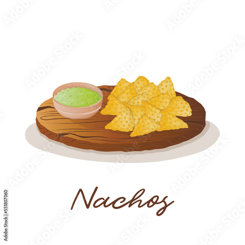 Mexican nachos corn chips with avocado guacamole sauce on a wooden tray. Fast food restaurant and street food snacks, meat tortillas, takeaway food delivery