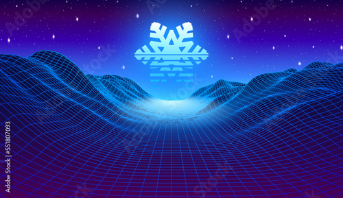80s styled Christmas synthwave landscape with shiny striped snowflake over the neon mountains grid.