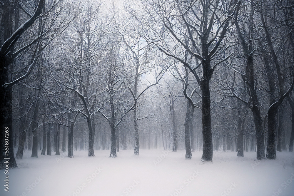 Winter woodland with snow covered trees in a pale fog. Generative AI illustration Winter woodland with snow covered trees in a pale fog. Generative AI illustration