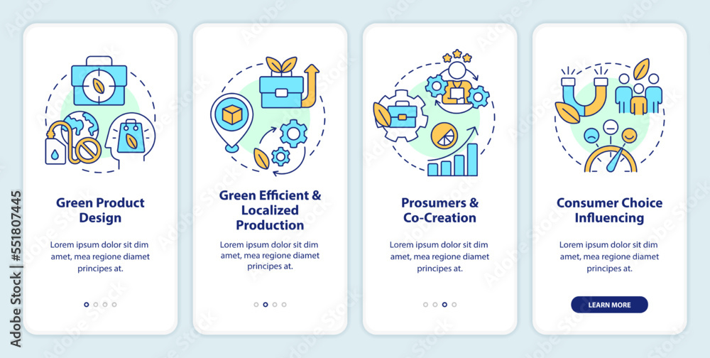 Green business models onboarding mobile app screen. Eco-friendly walkthrough 4 steps editable graphic instructions with linear concepts. UI, UX, GUI template. Myriad Pro-Bold, Regular fonts used
