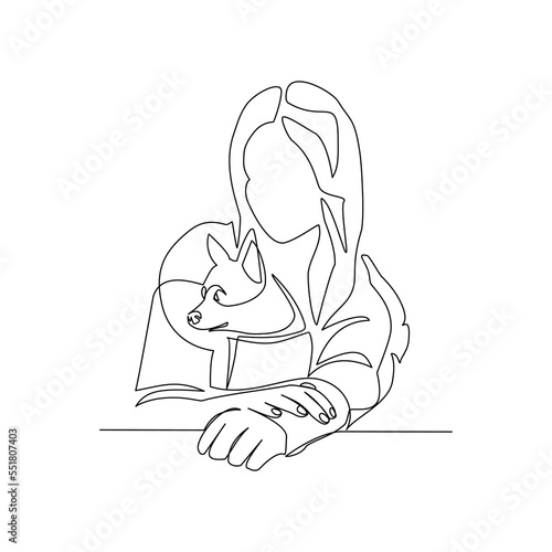 Vector illustration of a girl with a dog drawn in the style of line art