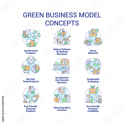 Green business model concept icons set. Eco-friendly manufacturing idea. Sustainable company thin line color illustrations. Isolated symbols. Editable stroke. Roboto-Medium, Myriad Pro-Bold fonts used