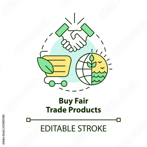 Buy fair trade products concept icon. Transparent partnership. Eco-minded business abstract idea thin line illustration. Isolated outline drawing. Editable stroke. Arial, Myriad Pro-Bold fonts used