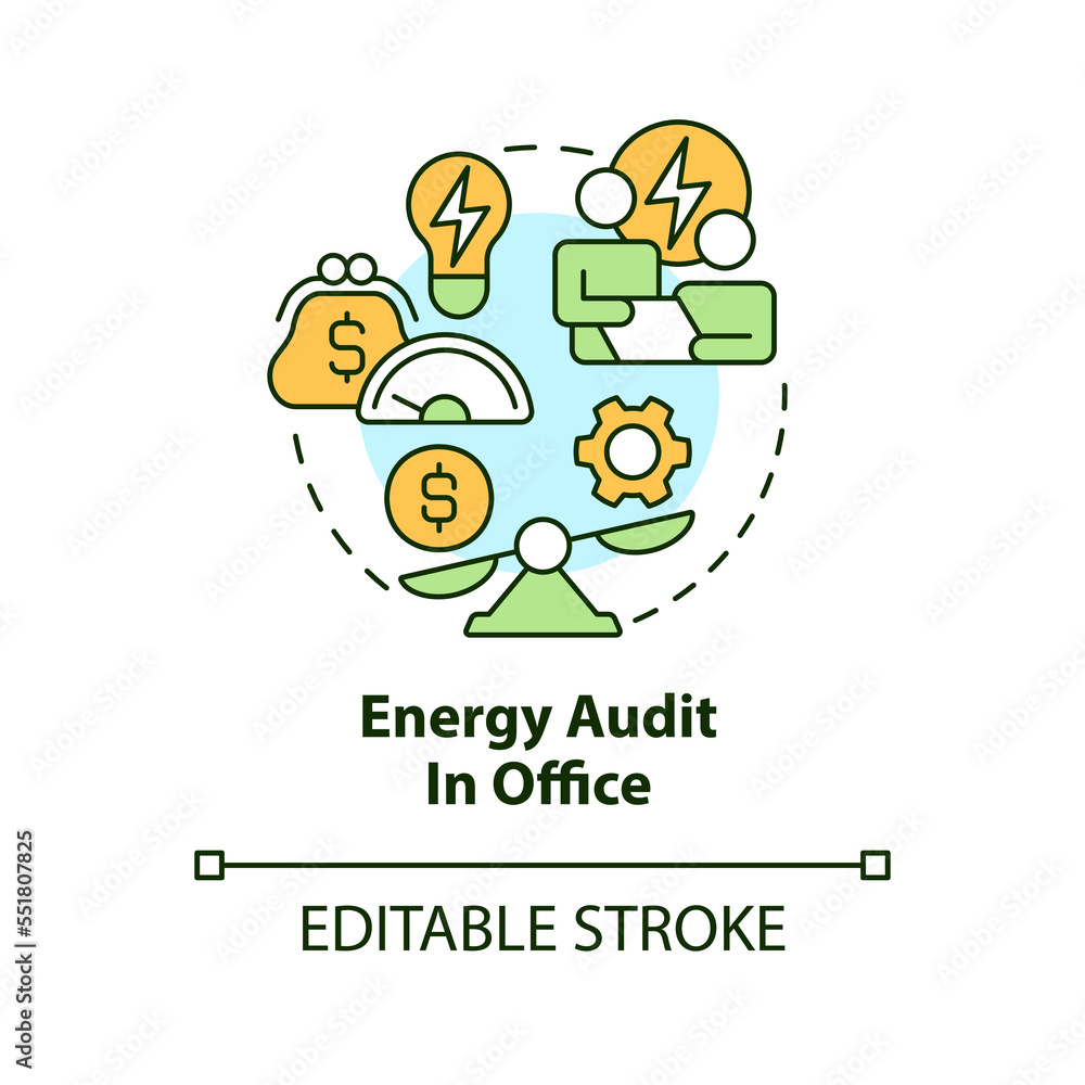 Fototapeta premium Energy audit in office concept icon. Reduce power consumption. Green business abstract idea thin line illustration. Isolated outline drawing. Editable stroke. Arial, Myriad Pro-Bold fonts used
