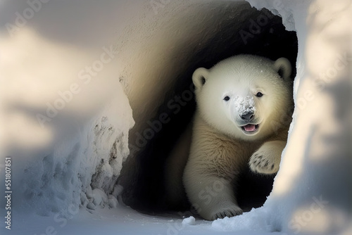 Polar Bear (Ursus maritimus) cub coming out den and playing around. Digital art photo