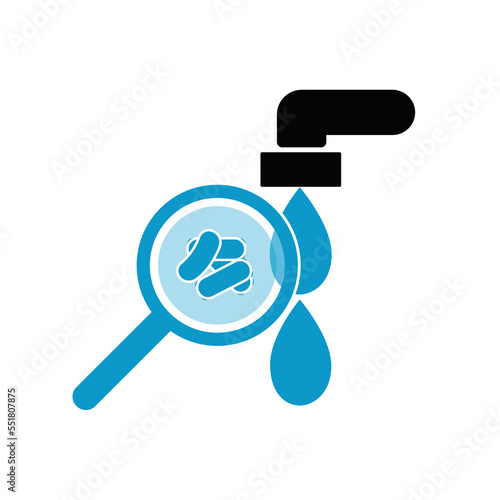 searching with magnifying the danger of Legionella bacteria and malaria with diarrhea virus and dengue virus disease in tap water. Water is falling from plastic tap and steel tap as drop water fall.