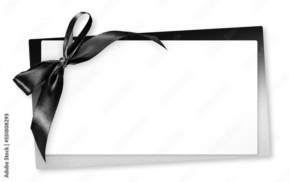 White Blank gift greeting card ticket with bright black ribbon bow, isolated on background, template top view with copy space for merry Christmas and father day banner or shopping price label White Blank gift greeting card ticket with bright black ribbon bow, isolated on background, template top view with copy space for merry Christmas and father day banner or shopping price label