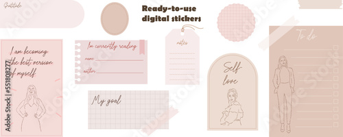 Digital note papers and stickers for digital bullet journaling or planning. Digital stickers for digital planner. Hand drawn beautiful young girls. Minimal style. Vector art.