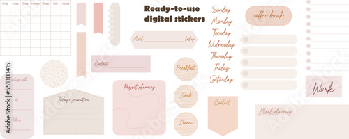 Digital note papers and stickers for digital bullet journaling or planning. Ready to use digital stickers for digital planner. Hand lettering. Minimal style. Vector art.