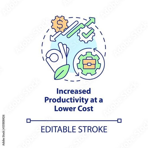 Increased productivity at lower cost concept icon. Eco-friendly business performance abstract idea thin line illustration. Isolated outline drawing. Editable stroke. Arial, Myriad Pro-Bold fonts used