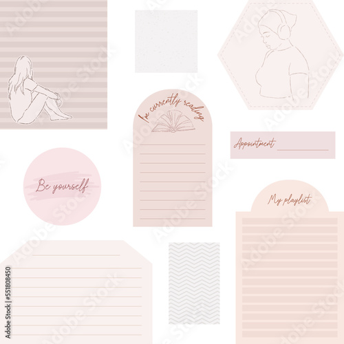 Digital note papers and stickers for digital bullet journaling or planning. Ready to use digital stickers for digital planner. Hand lettering. Minimal style. Vector art.
