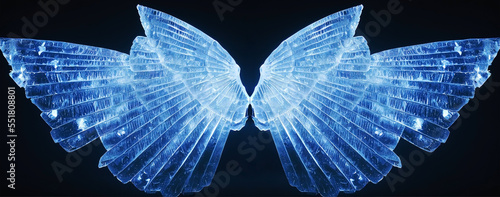 Blue glassy ice wings. Diamond feathers. Cold glowing blue angelical wing set against a black background. 3D digital illustration render. Grain texture with dust scratches. blue wings set 2 photo