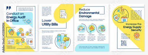Energy audit in office blue and yellow brochure template. Save power. Leaflet design with linear icons. Editable 4 vector layouts for presentation, annual reports. Questrial, Lato Regular fonts used