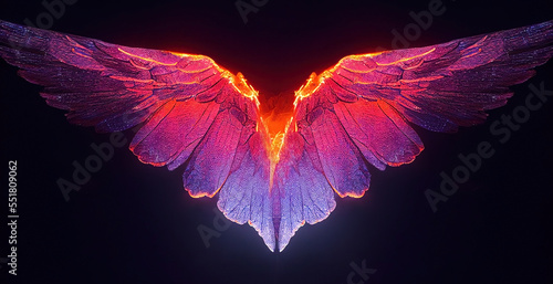 Flaming pink, purple and orange lowing angel or demon wings. Butterfly. Dark background. 3D digital illustration render. Grain texture with dust scratches. Focal Blur. wing set 2 photo