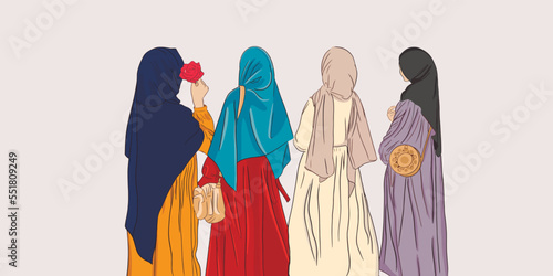 Four girls in hijabs are standing with their backs. United girls in hijabs.  Vector illustration. Women in hijab. Beautiful muslim women's hijab vector illustration