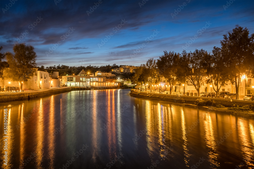Tavira town on the Rio Gilao river at night, Algarve, Portugal