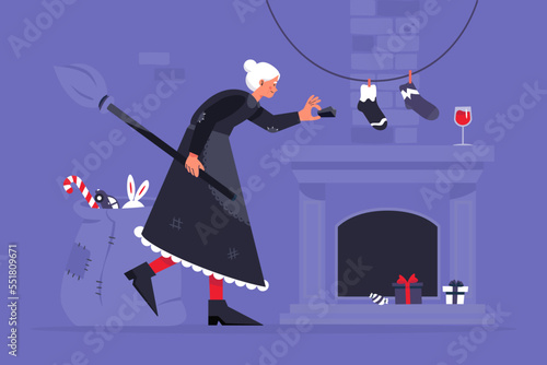 Italian Befana fill socks with candy and a lump of coal. Eve of the feast of the epiphany. Delivering gift  to the children's houses through the chimney. Flat vector illustration.