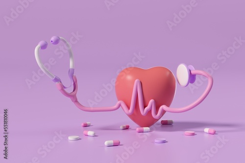 Cartoon style medical stethoscope, health care. World Heart Day. Heart is a symbol of health. Donation and heart disease on purple background. 3d illustration