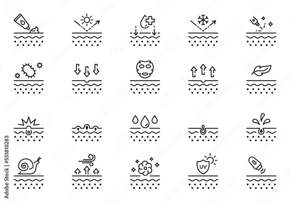Skin Care Line Icon Set. Skincare Cosmetic, Acne Medical Problem Outline Pictogram. Dermatology and Cosmetology Treatment Linear Icon. Editable Stroke. Isolated Vector Illustration