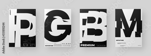 Abstract Poster Design Set. Vertical A4 format. Modernism brochure kit. Refraction and Distortion Glass Effect. Chopped, cut, glitch, broken letter composition.