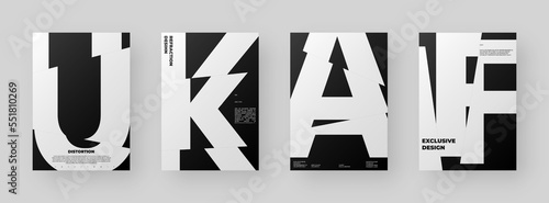 Abstract Poster Design Set. Vertical A4 format. Modernism brochure kit. Refraction and Distortion Glass Effect. Chopped, cut, glitch, broken letter composition.