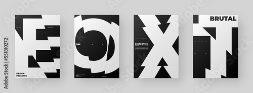Abstract Poster Design Set. Vertical A4 format. Modernism brochure kit. Refraction and Distortion Glass Effect. Chopped, cut, glitch, broken letter composition.