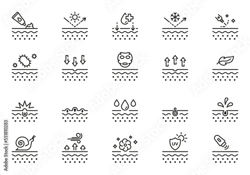 Skin Care Line Icon Set. Skincare Cosmetic, Acne Medical Problem Outline Pictogram. Dermatology and Cosmetology Treatment Linear Icon. Editable Stroke. Isolated Vector Illustration