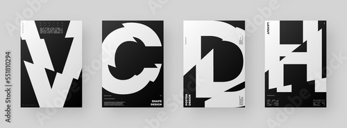Abstract Poster Design Set. Vertical A4 format. Modernism brochure kit. Refraction and Distortion Glass Effect. Chopped, cut, glitch, broken letter composition.