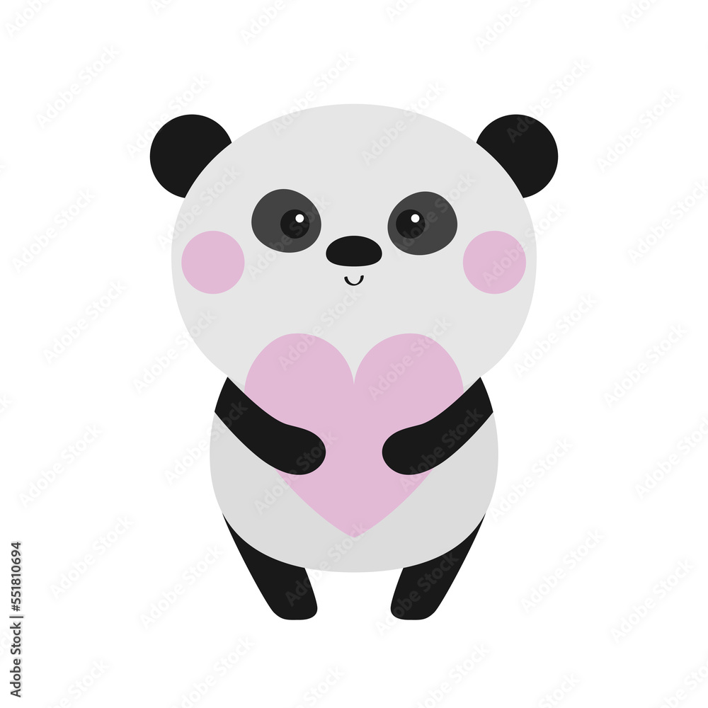 Cute panda bear icon holding pink heart. Kawaii cartoon character. Funny head face. Pink cheeks. Happy Valentines Day. Love greeting card. Notebook cover, tshirt. White background. Flat design. Cute panda bear icon holding pink heart. Kawaii cartoon character. Funny head face. Pink cheeks. Happy Valentines Day. Love greeting card. Notebook cover, tshirt. White background. Flat design.