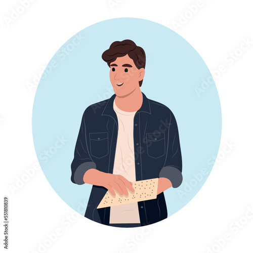 A young smiling guy is reading something in Braille. Vector flat illustration
