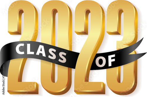 Class of 2023 Graduate Gold Lettering Graduation 3d logo with black ribbon. Template for graduation design, party, high school or college graduate, yearbook 2023. Vector illustration